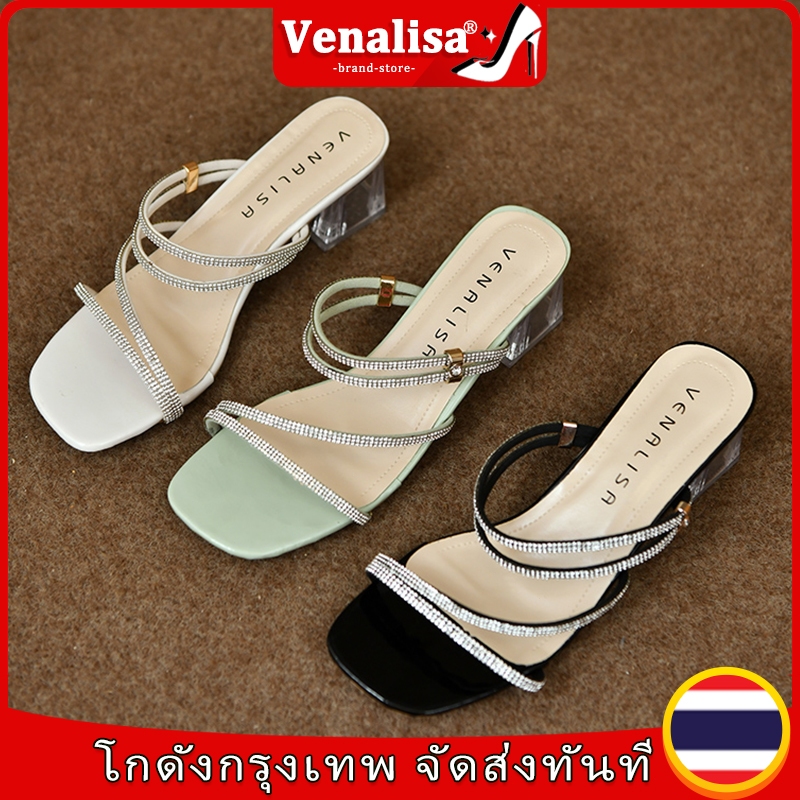 🧡พร้อมส่ง🧡รองเท้าส้นสูงผู้หญิง แฟชั่นเครื่องหนัง รองเท้าแตะแบบเปิดหัว แท่งสว่าน รองเท้าโลฟเฟอร์
