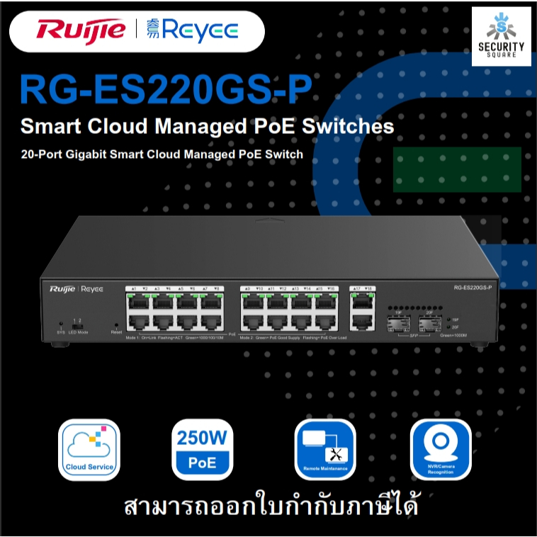 Reyee RG-ES220GS-P 20-Port Gigabit Smart Cloud Managed PoE Switch, including 16 PoE/POE+ Ports, 250W