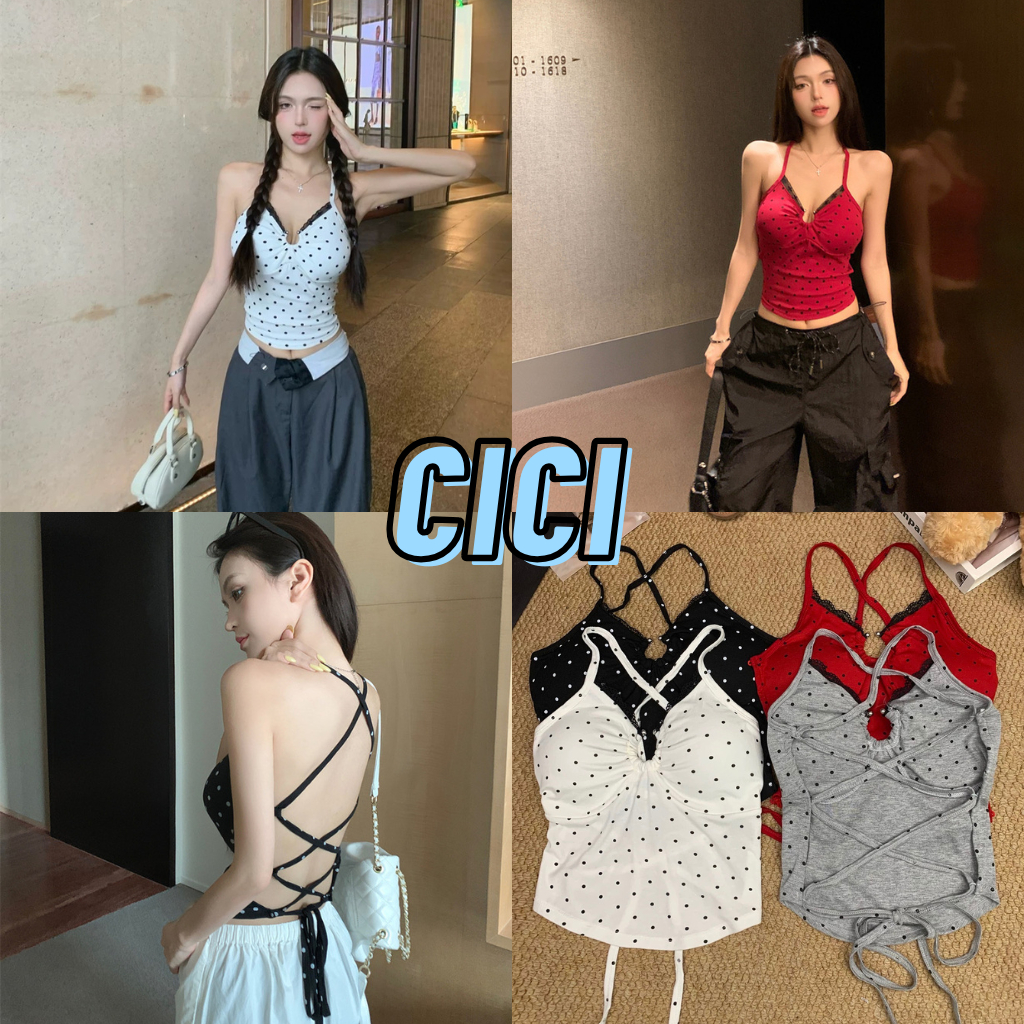 ส่งทันที Cici(NO. 6211)เกาะอกคล้องคอไขว้หลังดีเทลแหวกอกมีลูกเล่นลูกไม้เล็กๆด้านหน้าลายจุดมีฟองน้ำในตัวสไตล์พสจีนแบบปึ้งๆ