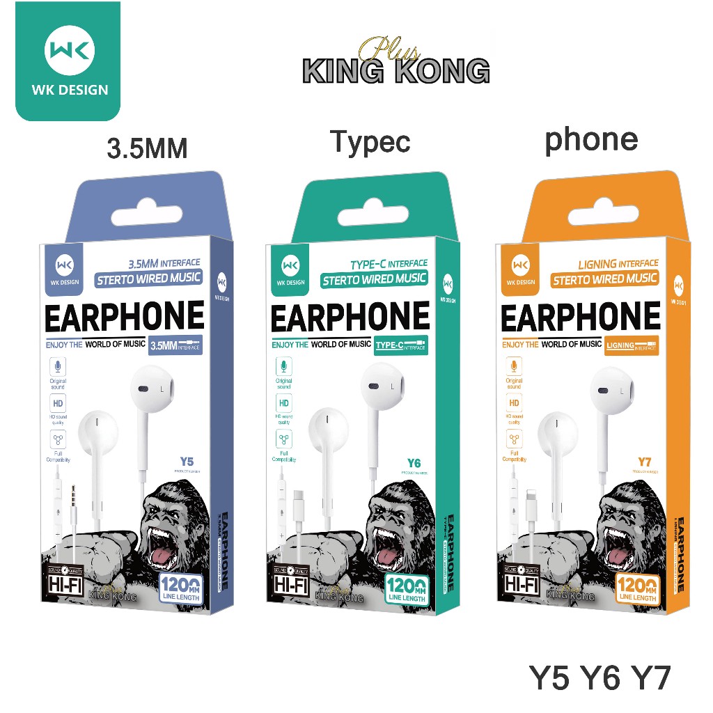 WK หูฟัง kingkong 3.5mm Typec phone มีไมโครโฟนในตัว HiFi เบสหนักแน่น เสียงดี สำหรับ ios Android （รับประกัน 1 ปี）