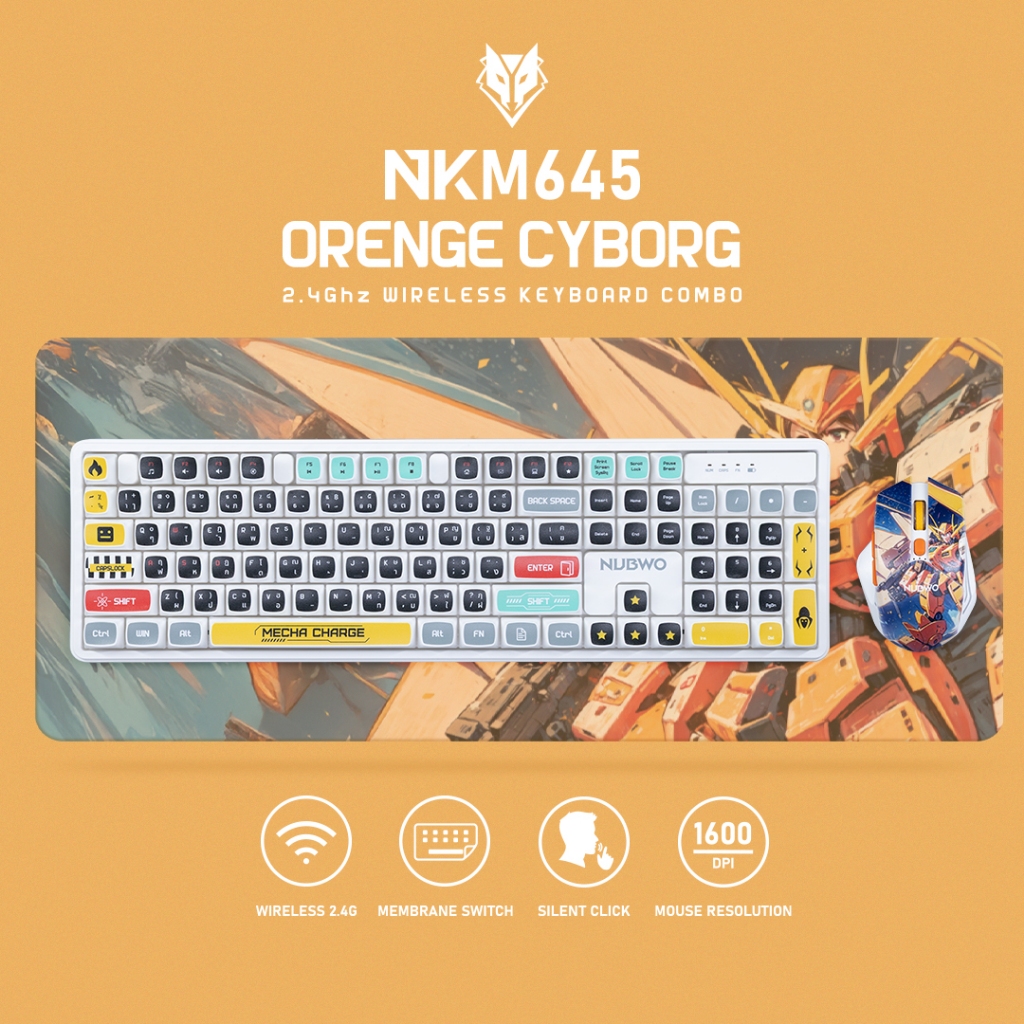 Nubwo NKM-645 Keyboard+Mouse Wireless RubberDomeSwitch แป้นพิมพ์ชุดเมาส์คีย์บอร์ดไร้สาย (Orange Cybo