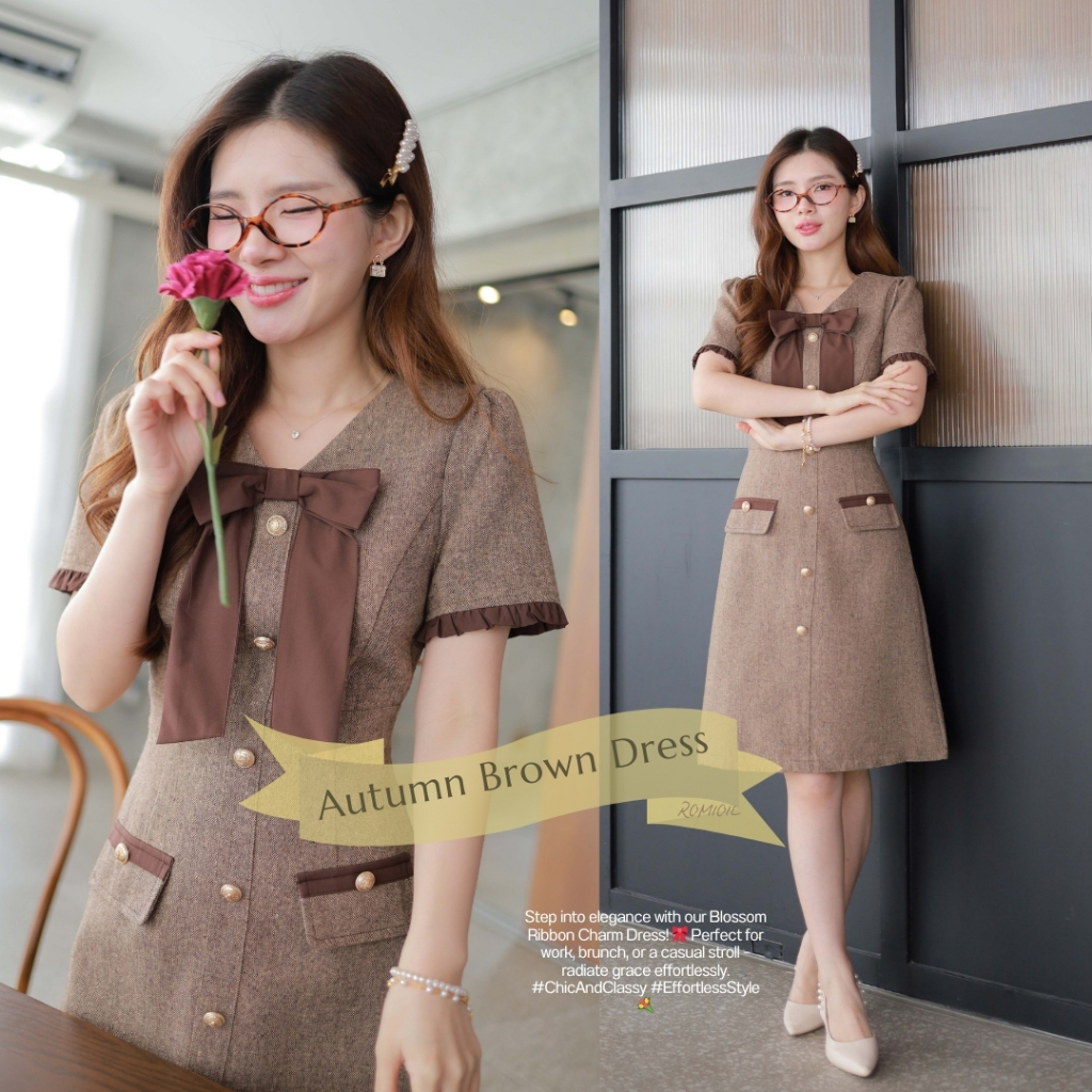 Romi"Oil" Autumn Brown Dress (Brown) K131 ชุดเดรสสีน้ำตาล (แต่งโบว์ด้านหน้า)