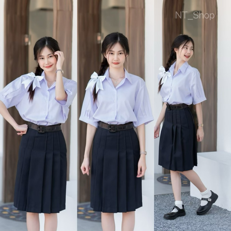 🦋กระโปรงนักเรียนม.ปลาย”ผ้ามันดีวาย”สีกรมเข้มทรงแคบ”มียาว22,23,24,25,26”ตีเกร็ด5.5(มีบิลให้) รูปที่ 3