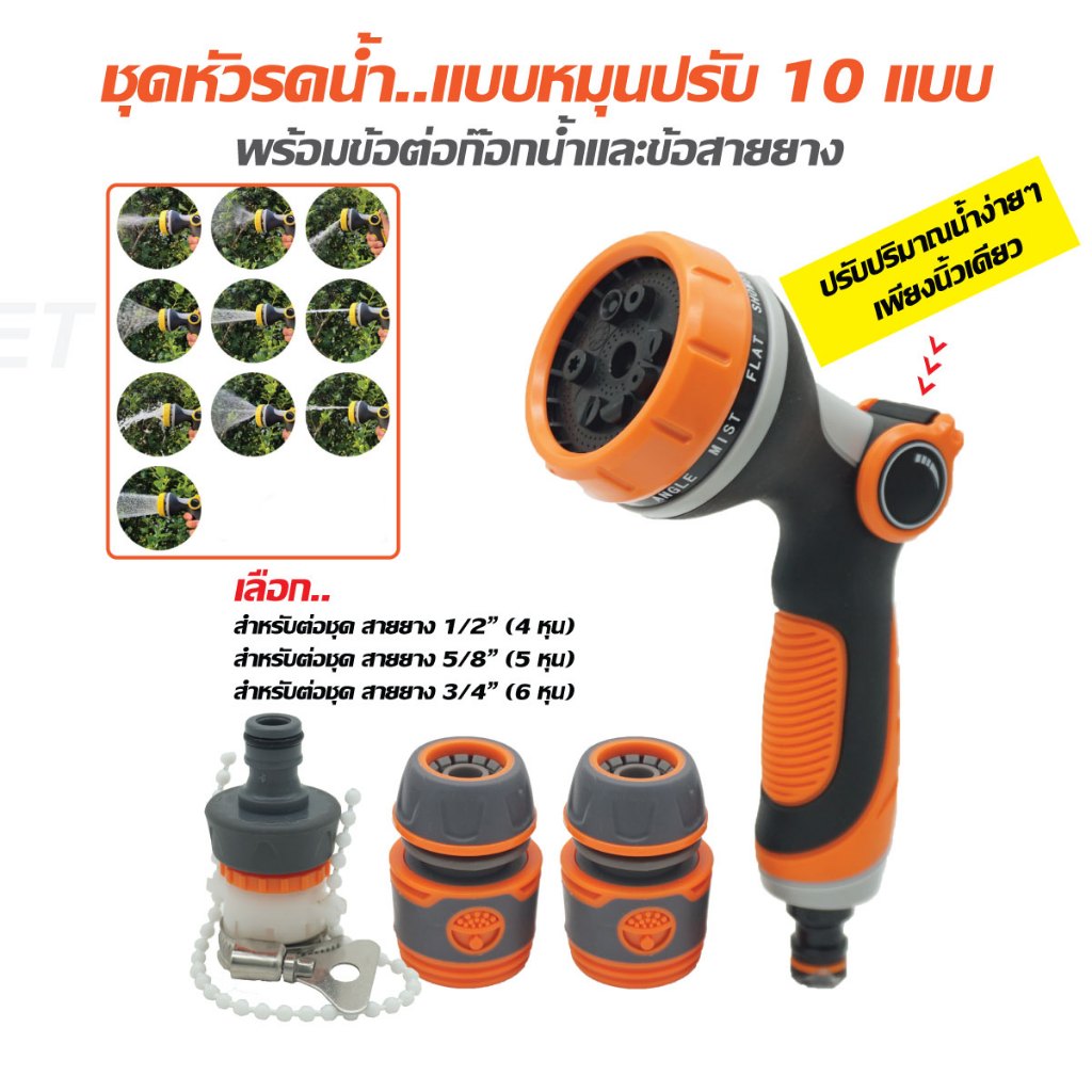 หัวฉีดรดน้ำต้นไม้ ล้างรถ ล้างพื้น แบบสวมเร็ว หัวฉีดพลาสติก ปรับฉีดได้ 10 แบบ ปรับปริมาณน้ำได้เพียงนิ้วเดียว ง่ายสุดๆ