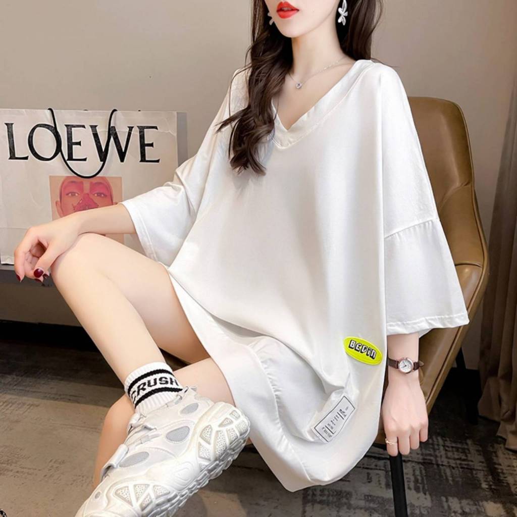 เสื้อแขนสั้นคอวี Oversize (อก 54-64 นิ้ว) ไซร์ใหญ่ สีพื้น เหว้าหลังยิ้ม ผ้าคอตตอล พร้อมส่ง A17