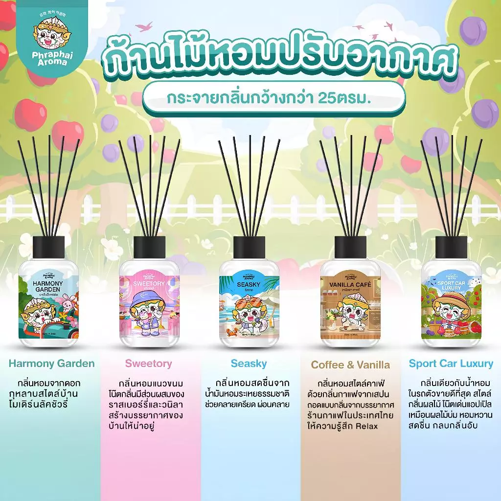 ก้านไม้หอมปรับอากาศ พระพายอโรม่า Phraphai Aroma 55ml. ก้านน้ำหอม Reed Diffusesr หอมนาน 45-50 วัน