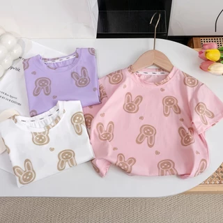 Beryl kids🌸แขนสั้นเด็กผู้หญิงฤดูร้อน🎀เสื้อยืดหวานๆพิมพ์การ์ตูนกระต่ายสาวน้อยน่ารัก ลำลองใส่สบาย แฟชั่นฤดูร้อน