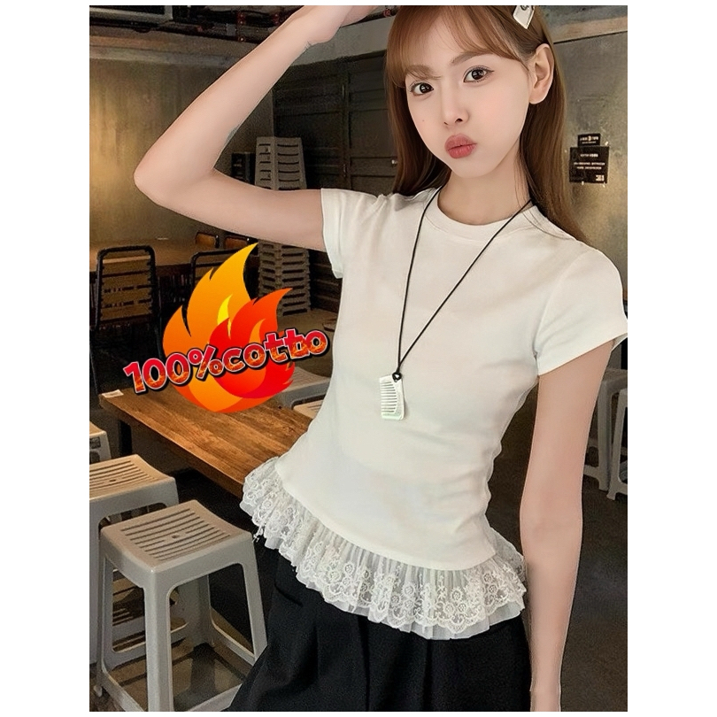 100%cotton 🎀 เสื้อยืดแขนสั้น เสื้อลูกไม้ คอกลมลายลูกไม้สีขาวสำหรับผู้หญิง  แฟชั่นสาวๆสไลต์สาวเกาหลี