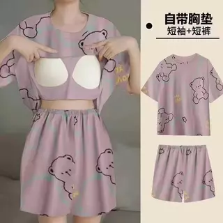 ชุดนอนเซ็ต ผ้าเด้งนิ่ม มีบราในตัว แขนสั้น กางเกงขาสั้น ลายน่ารัก ผ้าใส่สบาย รหัสQZ