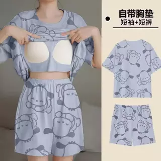 ชุดนอนเซ็ต ผ้าเด้งนิ่ม มีบราในตัว แขนสั้น กางเกงขาสั้น ลายน่ารัก ผ้าใส่สบาย รหัสQZ