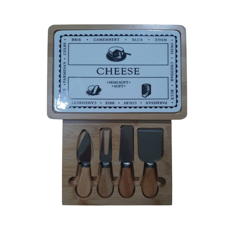 ชุดเขียงและมีดตัดชีส 4 ชิ้น แบบลิ้นชัก cheese cutting board with 4 cheese knives set