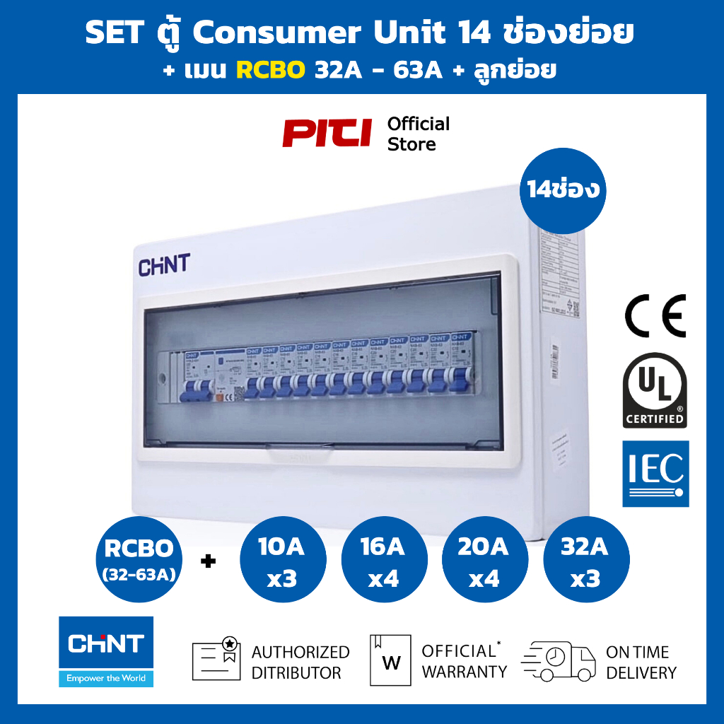 CHINT SET ตู้พร้อมเมนกันดูดลูกย่อย 18 ช่องย่อย เมน RCBO 32A - 63A  Consumer Unit & RCBO