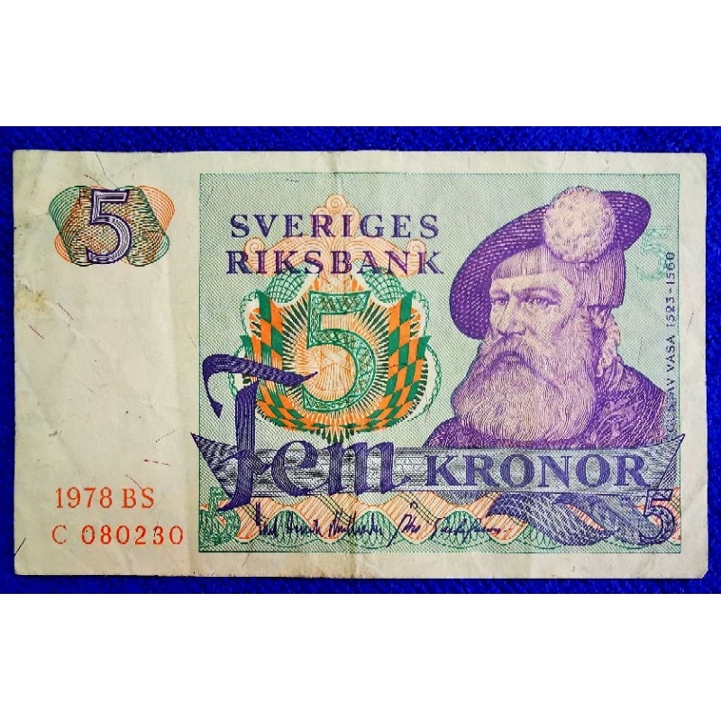 แบงก์​สะสม​สวีเดน​ Sweden, 5​ Kronor, (Gustav Vasa), ใช้แล้ว, B398