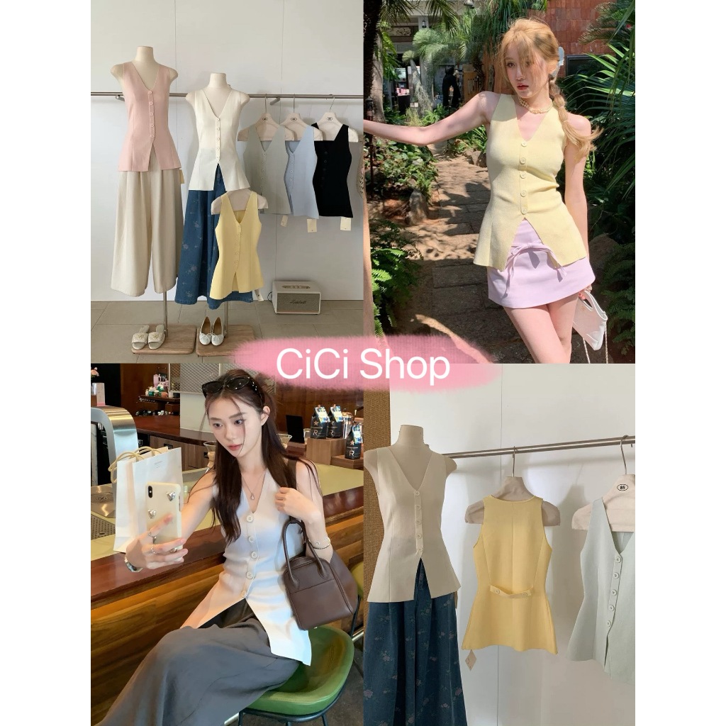 Cicishop(JY828) เสื้อแขนกุดไหมพรม กระดุมใช้งานได้จริง ดีเทลแต่งขีด แหวกหน้า ใส่สบายสไตล์สาวเกาหลี