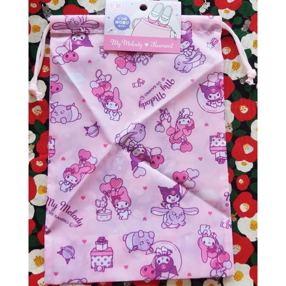 Sanrio Kuromi กระเป๋าหูรูด ถุงผ้าหูรูด คุโรมิ ของแท้จากญี่ปุ่น  รวม ซานริโอ้ แบดแบด คิตตี้ เคโระ โปเชโกะ ฮังเกียวด้ง