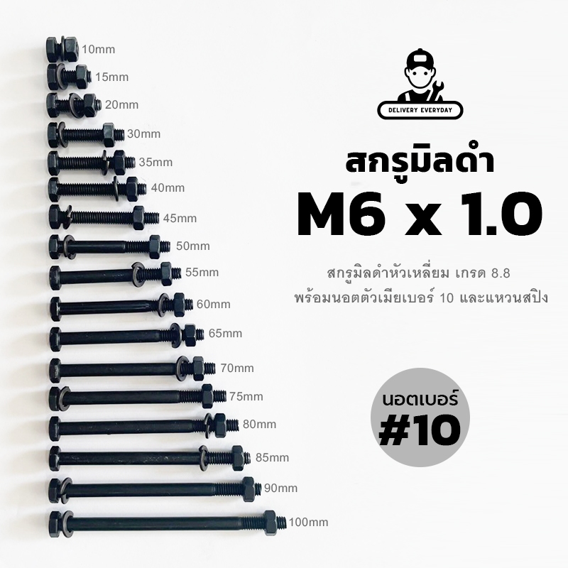 สกรูมิลดำ M6 นอตมิลดำ เกรด 8.8 หัวนอตเบอร์ 10 เกลียว 1.0 - TPC
