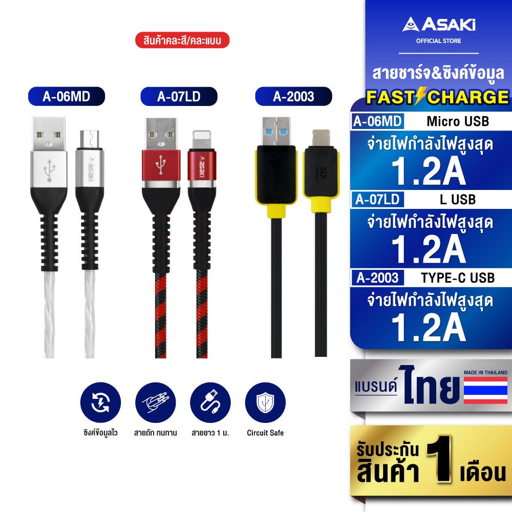 [ลดพิเศษเหลือ 79.-] Asaki Charger สายชาร์จ ราคาพิเศษ  (สินค้าคละสี) - ประกัน 1 เดือน