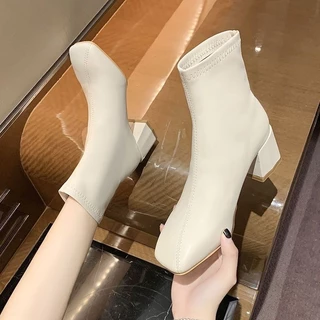 🚚พร้อมส่งจากไทย-PU Short Boot รองเท้าหนังแฟชั่นรองเท้าส้นสูงสำหรับผู้หญิง