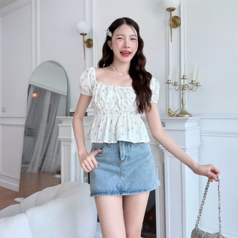 MALINDA​ เสื้อแขนตุ๊กตา จั๊มเอว 2 ชั้น อก 30-38​ นิ้ว ผ้าคอตตอน​ฉลุลายดอกน่ารัก (ซับในช่วงอก)​ 🐈‍⬛⸝⋆ พร้อมส่ง - รูปที่ 5