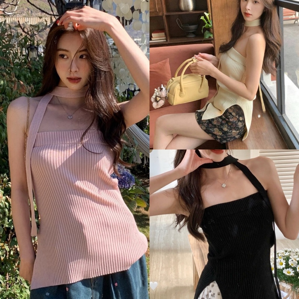 🧡🧵 🇰🇷 W5056 เสื้อเกาะอก ผ้าทอ มีเชือกให้ งานจริงสวย  งานสวย ทรงน่ารัก แฟชั่นเกาหลี TAG WG.WE 🧵🧡