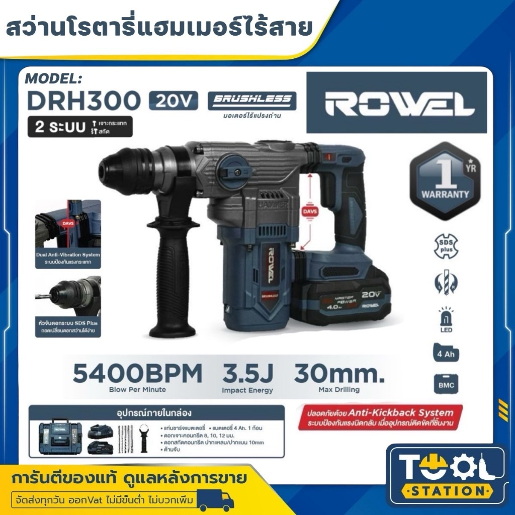 ROWEL สว่านโรตารี่ไร้สาย Brushless รุ่น RW-PT-DRH300 20V เจาะไม้ เหล็ก คอนกรีต Brushless Motor ขนาด 