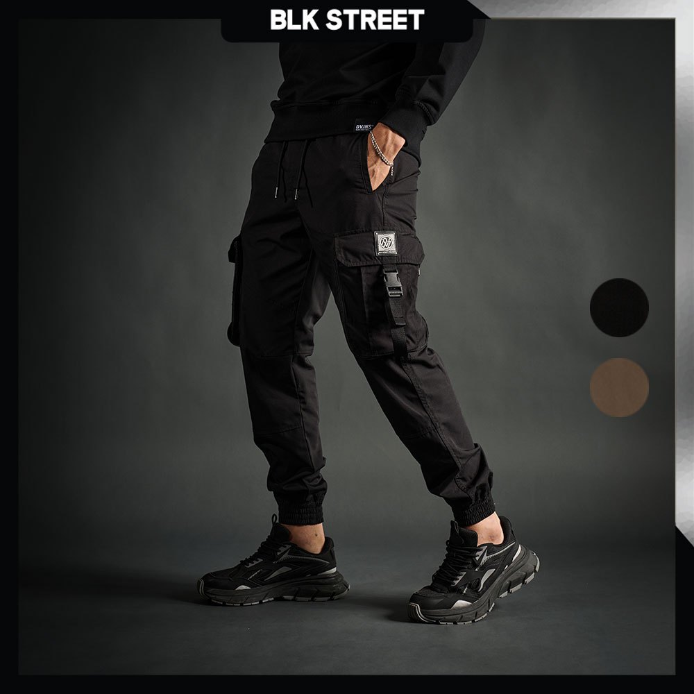 DAVIE JONES [ Black Street Project ] กางเกงจ็อกเกอร์ เอวยางยืด ขาจั๊ม Elastic Waist Joggers GP0072 สีดำ น้ำตาล