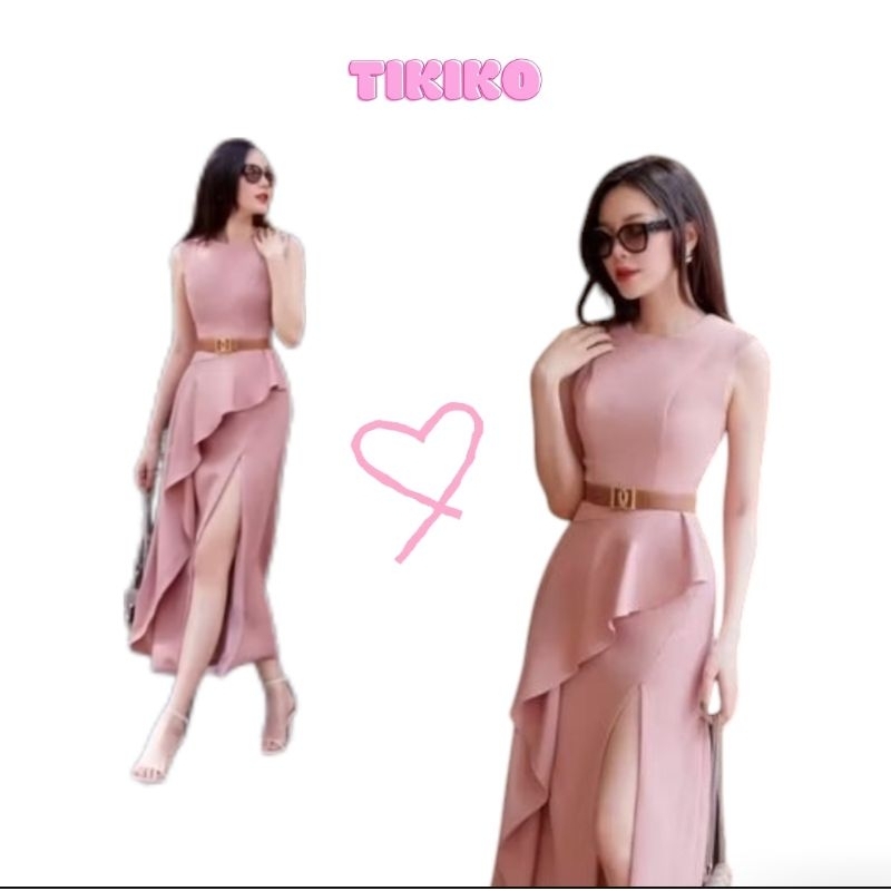 widelia @real เดรสทำงาน เดรสออกงาน เดรสยาว แขนกุด แต่งระบาย ผ่าข้าง+เข็มขัด vn