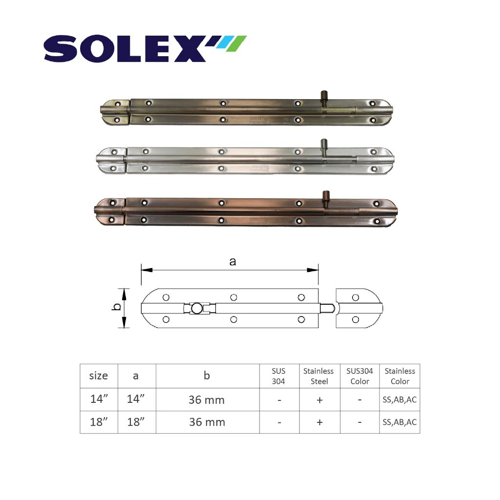 BERRY HAFELE ISON SOLEX กลอนประตู  พร้อมหัว 4 6 8 12 14 16 18 นิ้ว สีทองแดง  พร้อมสกรูติดตั้ง กลอนแม่พืมพ์มนไม่บาดมือ