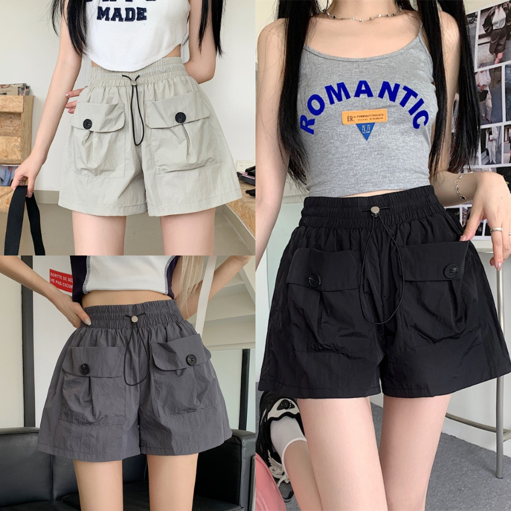 กางเกงขาสั้นเอวสูงสำหรับผู้หญิงช่วงหน้าร้อน มีเชือกผูกและกระเป๋า กางเกงทรงหลวม ทรงสวย