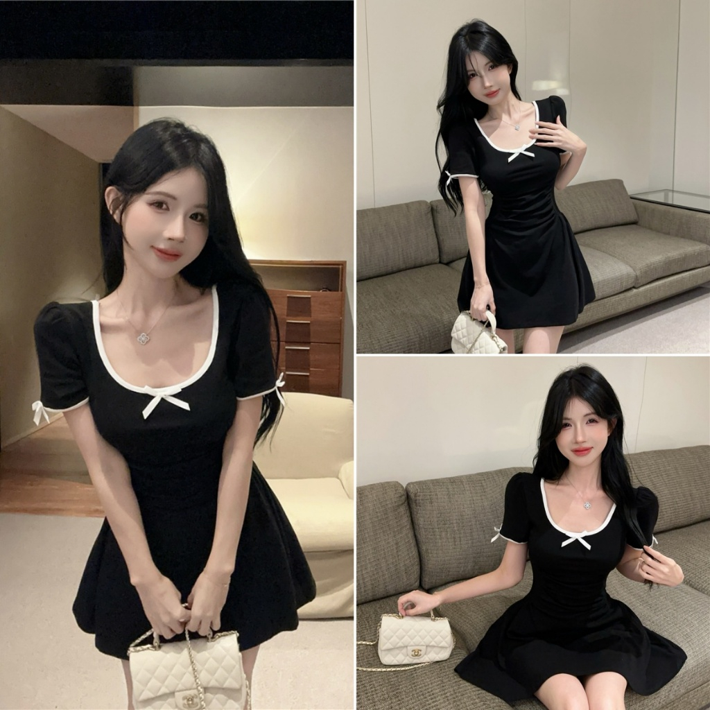 Beryl 🌻ชุดเดรสน่ารักๆ 🎀 เดรสแฟชั่นผู้หญิง สไตล์เกาหลีเรียบง่าย แต่งโบว์ สีพื้น คอเหลี่ยม เซ็กซี่