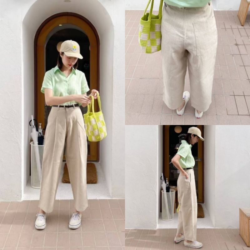 PLOWBRANDS - PL0004 Baggy pant ทรงขากว้าง unisex ช่วงเอวเล็ก เผื่อเอวจะไม่แน่นและรั้งเป้า ผ้าลินินแท้ 100%