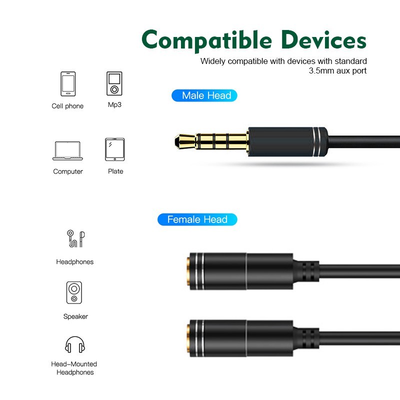 สายแยกหุฟังและไมค์  สัญญาณเสียง 3.5 มม สายเคเบิ้ล  เข้า 1 ออก 2 Audio Stereo Splitter Cable สายต่อแยกหูฟังตัว แยกเสียง