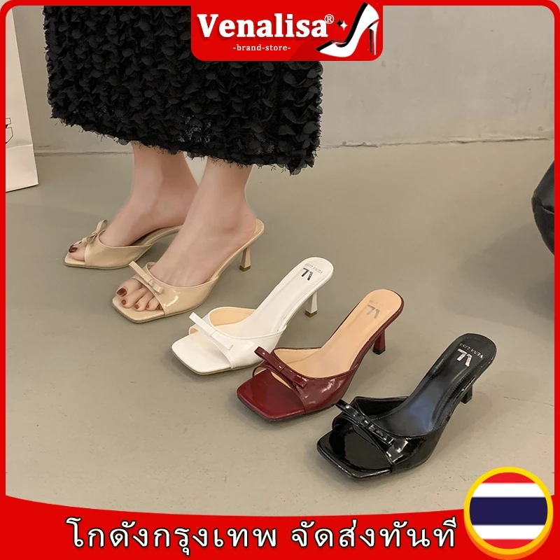 Venalisa รองเท้าแตะส้นสูงผู้หญิง 2 นิ้ว เปิดนิ้วเท้า โค้งคำนับ สำนักงาน งานปาร์ตี้ การสำเร็จการศึกษา