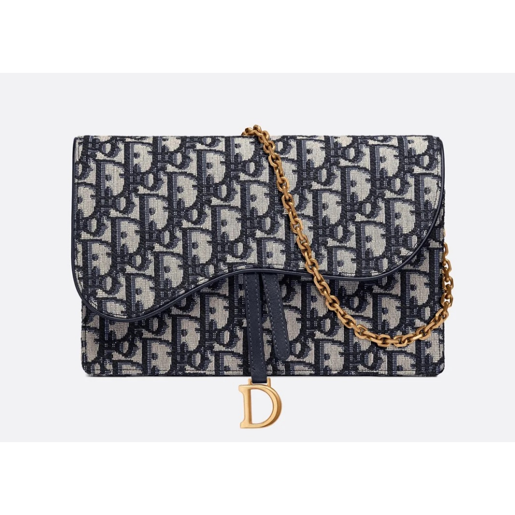👜ดิออร์ Dior fashion blue embroidered canvas shoulder crossbody bag Saddle envelope bag Chain bag ของแท้ 100 %