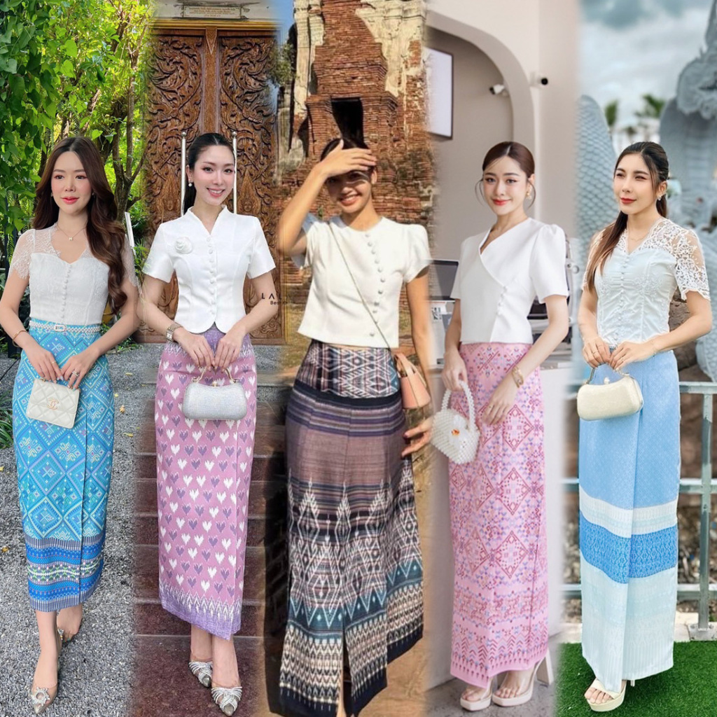 S-XL✨ชุดไทยประยุกต์ใส่ทำบุญ เสื้อสีขาว+ผ้าถุงพิมพ์ลายไทย สีกรม ฟ้า ชมพู ม่วง #lalada #Abigail