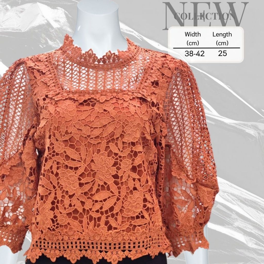 SL-11>> เสื้อลูกไม้ฉลุทั้งตัว แขน3 ส่วน ซีทรูลูกไม้ มีซับใน เสื้อฉลุลายดอกไม้ ผ้านิ่ม อก 38-42 นิ้ว สีส้มใส่ได้ทุกงาน