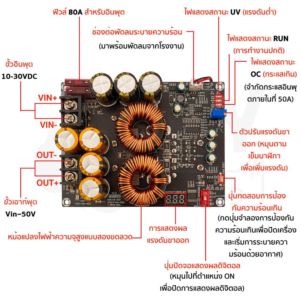 SKYSOUND zk PW1200 100% แท้ โมดูลแปลงไฟแรงสูง DC-DC Boost 1200W 10-50V 50A พร้อมระบบป้องกันครบ ใช้กับแบตเตอรี่และโซลาร์ - รูปที่ 2
