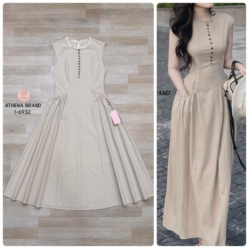 Athena เดรสยาวแขนกุด แต่งกระเป๋า