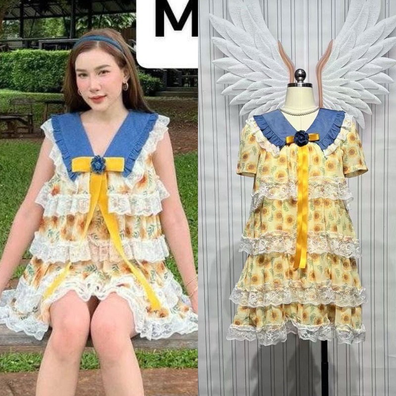 (s-2xl งานจริงในหุ่นค่ะ) เดรสสั้น ชั้นๆ ลายทานตะวัน น่ารักมากๆ งานป้าย chalita