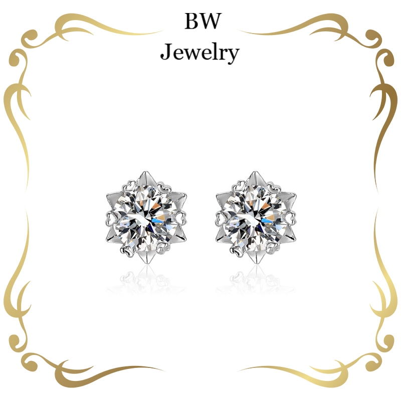 BWjewerly ต่างหูสตั๊ดเพชร 1 กะรัต ต่างหูเกล็ดหิมะเพชร ต่างหูหกชั้น ต่างหูของผู้หญิง