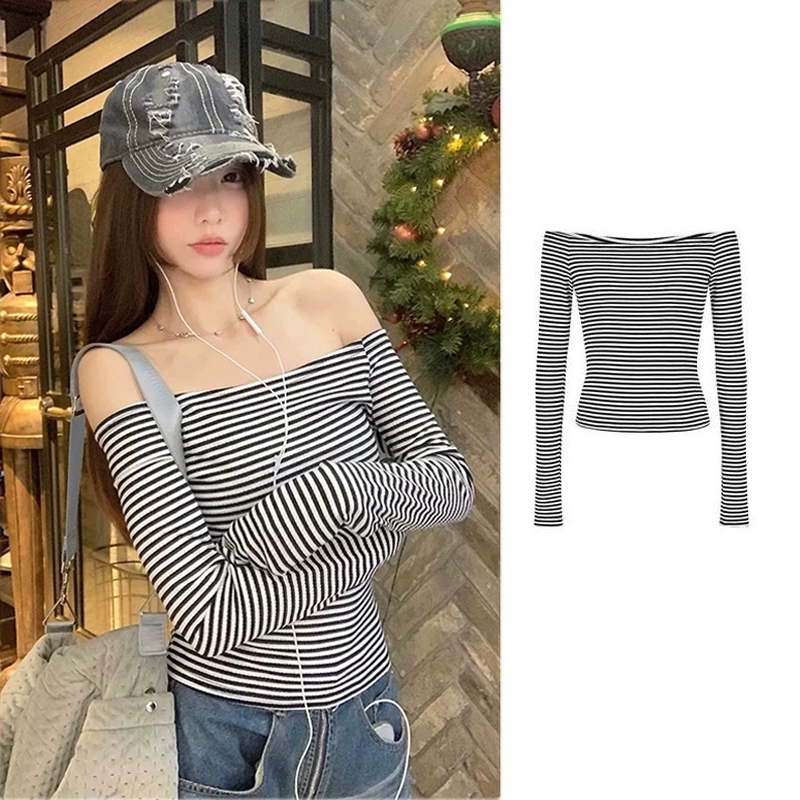 Anata เสื้อยืดแขนยาวลายทางคลาสสิกวินเทจ, สำหรับผู้หญิง,สไตล์อิน,เปิดไหล่เซ็กซี่,อเนกประสงค์, เสื้อหรูหรา, Women Clothing