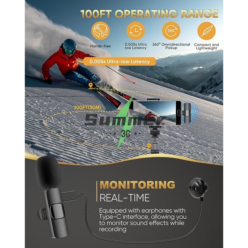 Summer มโครโฟนไร้สายแบบติดปกเสื้อสำหรับ iPhone/Android ไมโครโฟนแบบติดปกเสื้อขนาดเล็กสำหรับการบันทึกวิดีโอ การสัมภาษณ์