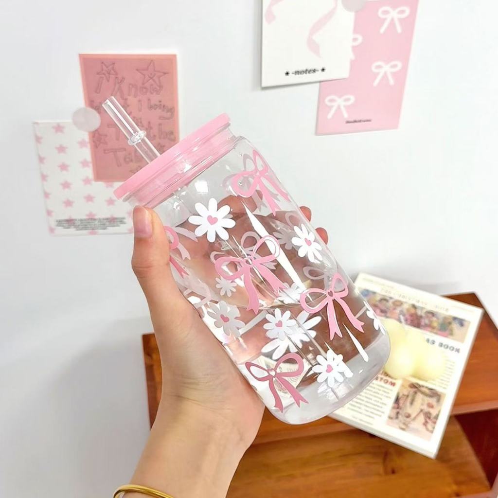 แก้วน้ำ แก้วกาแฟ ลายดอกไม้ โบว์สีชมพู ขวดน้ำ ขนาด 500 ml ผู้หญิง น่ารัก ปิดแน่นน้ำไม่หก พร้อมส่งในไทย