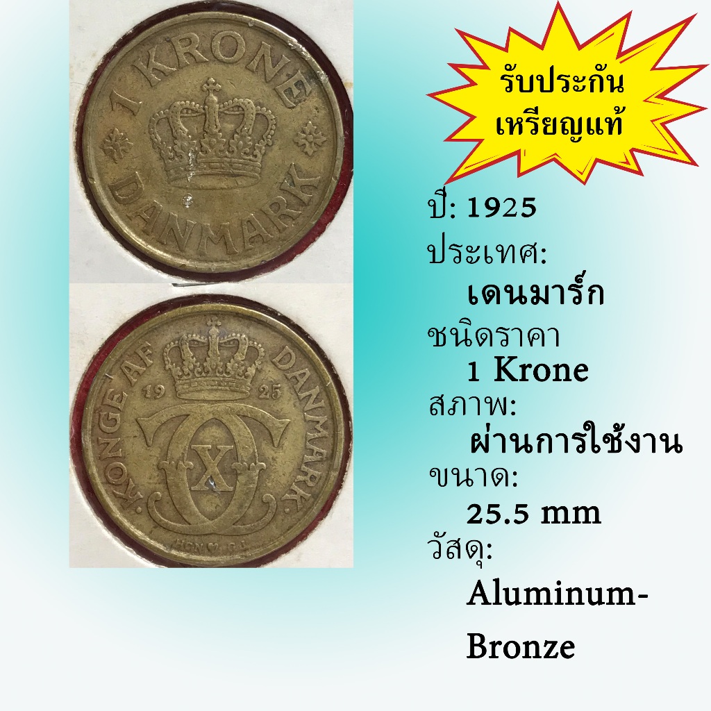 No.61864 ปี1925 Denmark เดนมาร์ก 1 Krone เหรียญต่างประเทศ ของเก่า หายาก น่าสะสม ราคาถูก