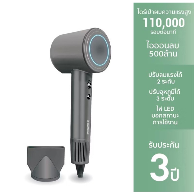 SMARTHOME Hair Dryer 1600วัตต์ ไดร์เป่าผม ไดร์เป่าผมความแรงสูง มีไอออนลบ ลดผมชี้ฟู แห้งเร็ว รุ่น SHD