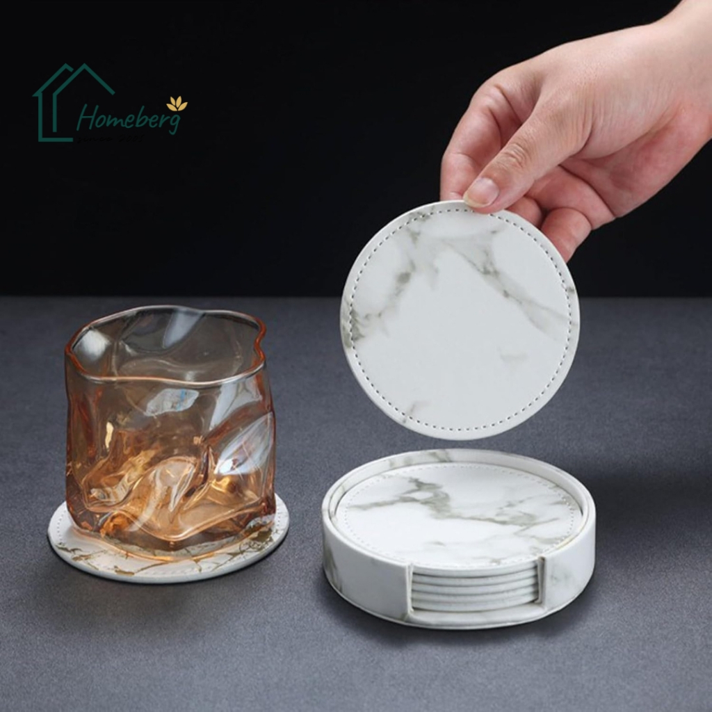 Homeberg แผ่นรองแก้ว ลายหินอ่อน 6 ชิ้น พร้อมกล่องเก็บ แผ่นรองแก้ว  ถาดรองแก้ว ที่รองแก้วน้ำ วัสดุ หนัง PU คุณภาพสูง