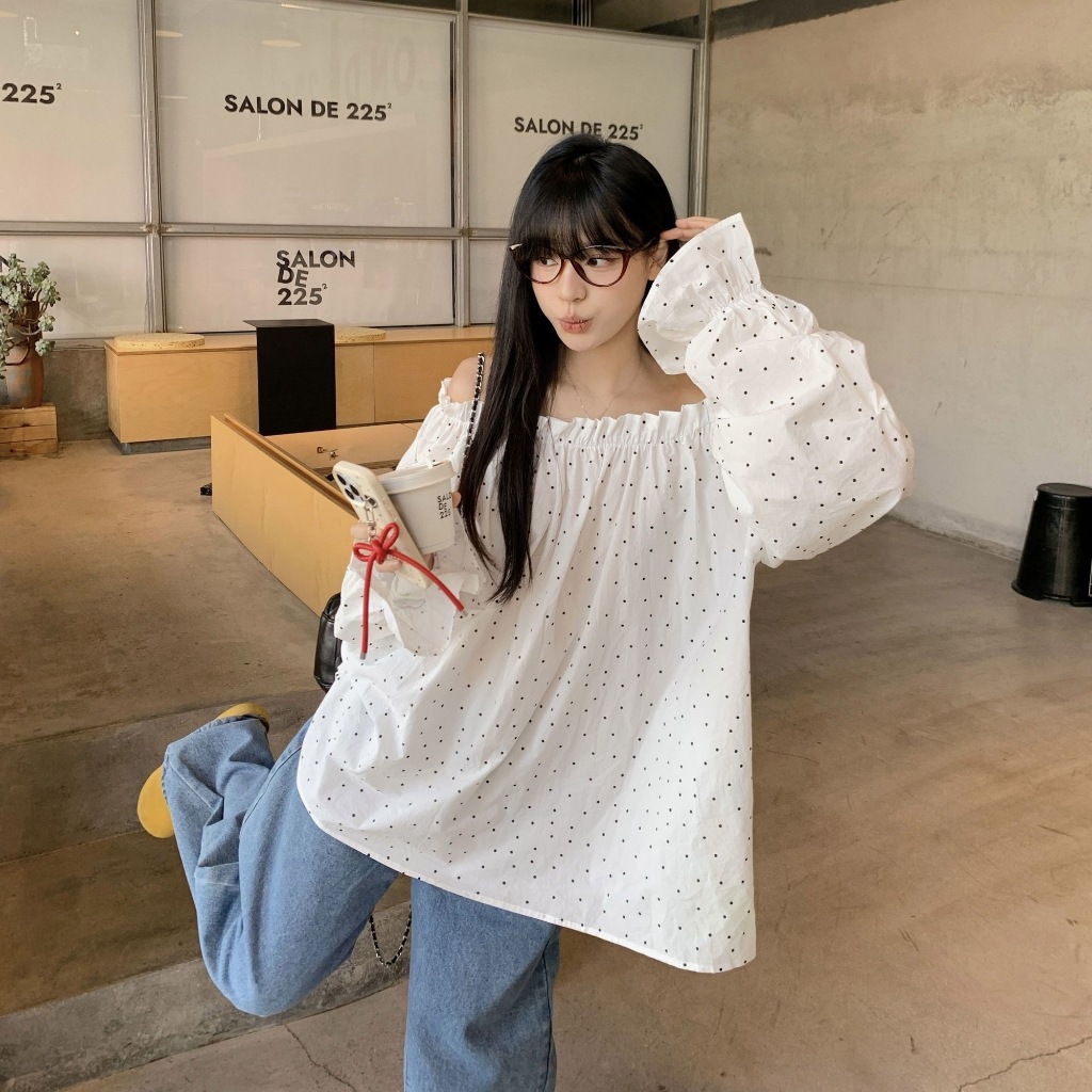 🧡LINNA🧡เวอร์ชั่นเกาหลี ลายจุด แขนยาว เสื้อเชิ้ต แฟชั่น หลวม