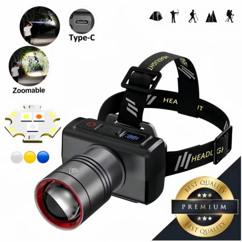 ไฟหน้า LED, สว่างมาก, ชาร์จ USB, ซูมได้, สีขาว /เหลือง, 3 โหมดแสง, เหมาะสำหรับการตั้งแคม ป์, ตกปลา, สำรวจ, และใช้ฉุกเฉิน