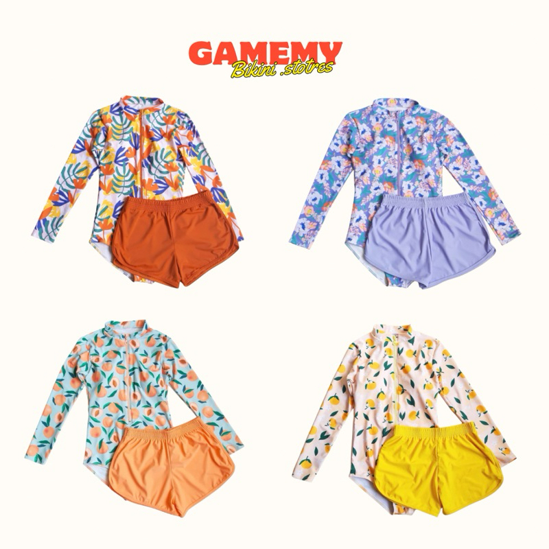 Gamemy bikini  ชุดว่ายน้ำ วันพีชแขนยาวซิปหน้า +กางเกงว่ายน้ำขาสั้น[ size F ]