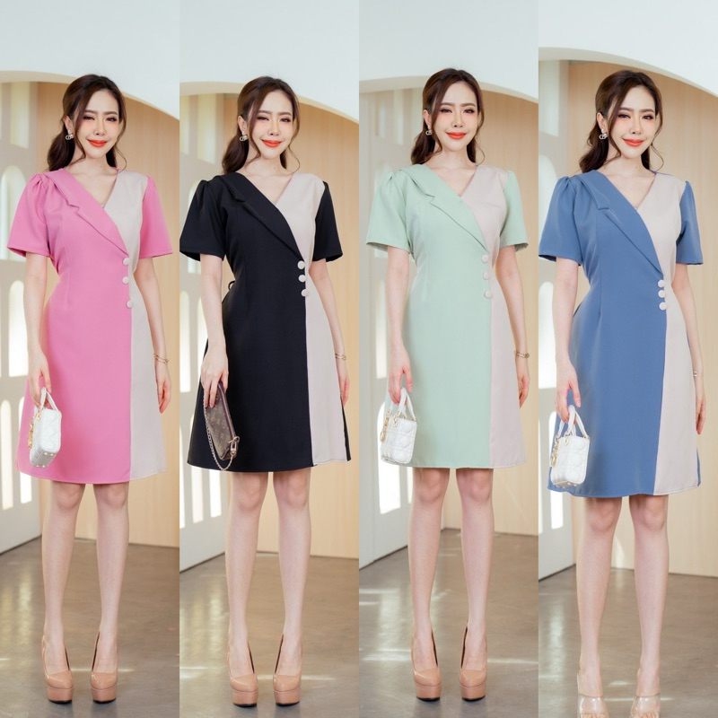 เดรสทำงาน เดรสแฟชั่น เดรสปกเดียวทูโทน เเต่งกระดุมผ้า ป้ายModish
